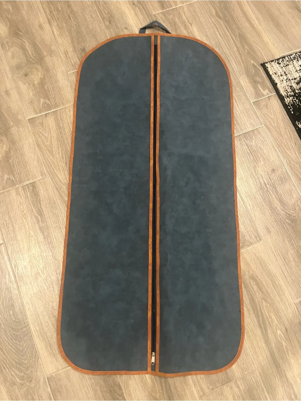 Navy Garment Bag with Brown Trim